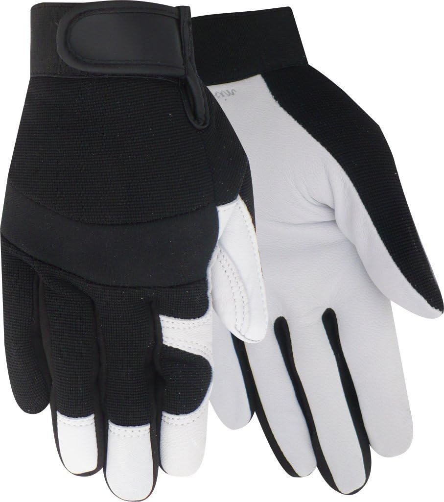 Hybrid Leather Work Gloves, Goatskin/Spandex, Black, Men's Medium