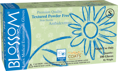 Blossom Latex Powder Free Textured Exam Gloves with C.O.A.T.S., Sizes M-L, 100 Gloves Per Box