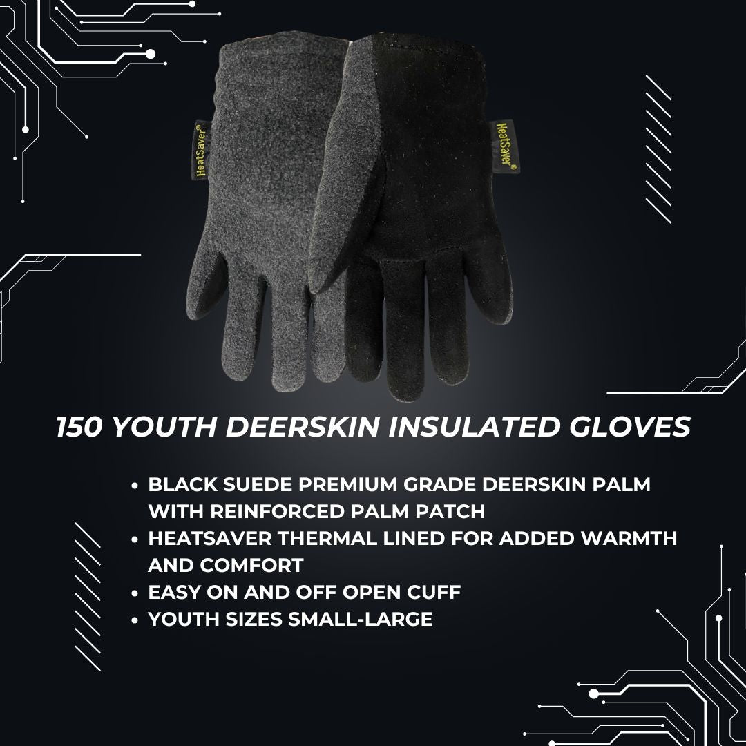 Red Steer 150 Youth Deerskin Heatsaver Thermal Gloves, Suede Premium Grade Deerskin Palm, Gray/Black, Suede Fleece, Sizes S-L