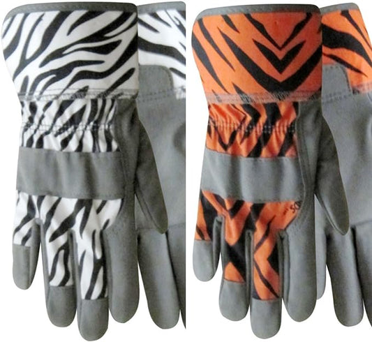 ZooHands Youth Gardening Gloves, Leather Palm, 2 Pair Pack, Tiger & Zebra Print