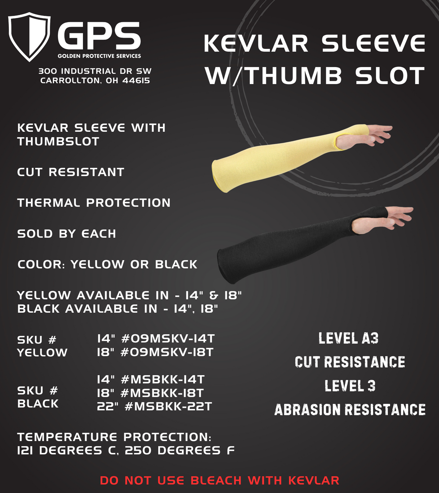 Kevlar Sleeve with Thumbslot, Thermal Protection, Cut Resistant, Black