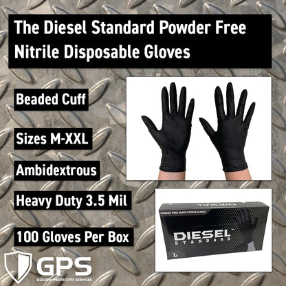 The Diesel Standard® Powder Free Nitrile Disposable Gloves, 3.5 Mil, 100 Gloves Per Box, Sizes M-L